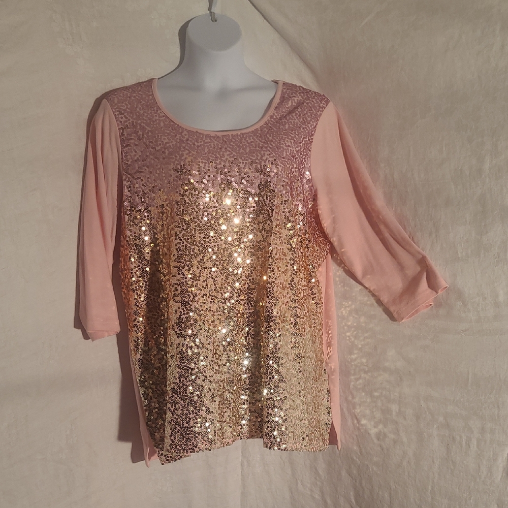 Quacker Factory Pink and Gold Sequin Blouse